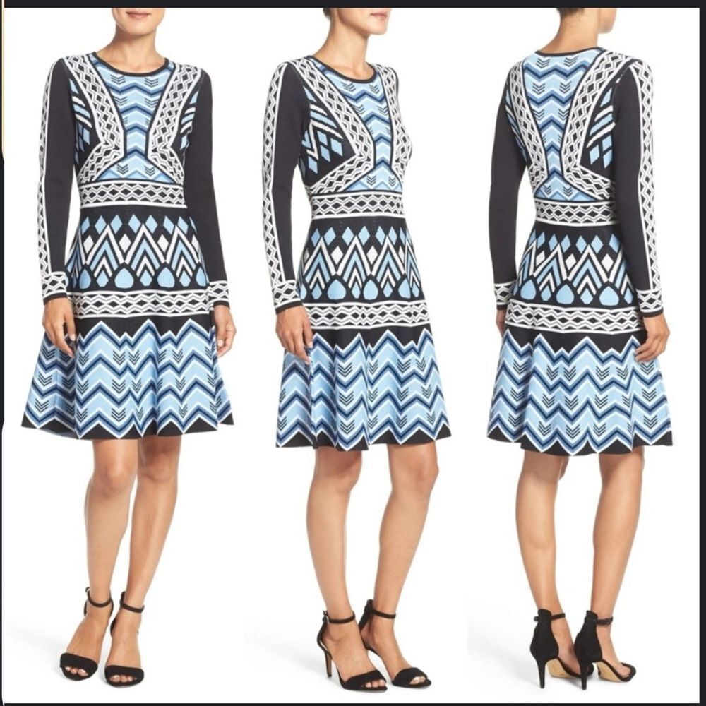 Eliza J Geo Pattern Sweater Dress ble black fit & flare size L long sleeve knit